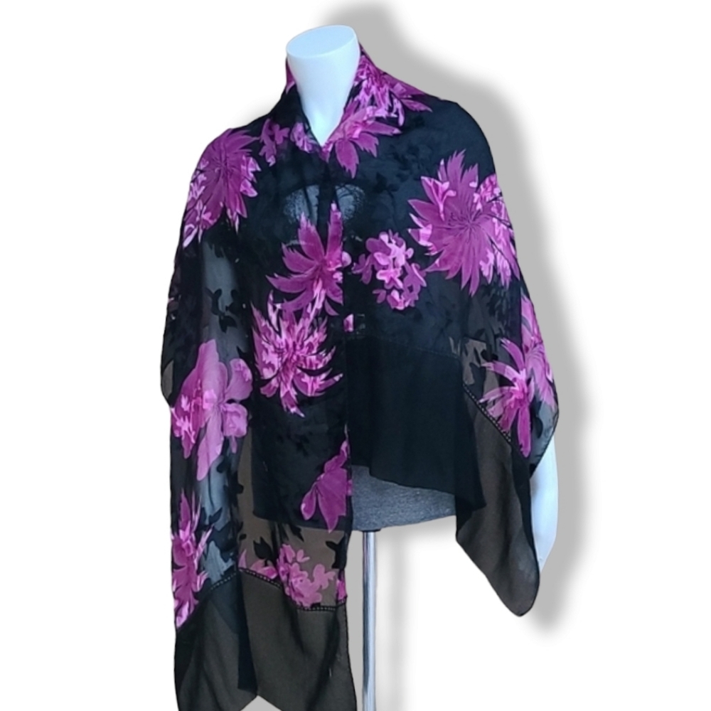 EGYPT Black Purple Floral Rectangular Scarf Semi Sheer Burnout Wrap Shayla Hijab - Picture 8 of 16